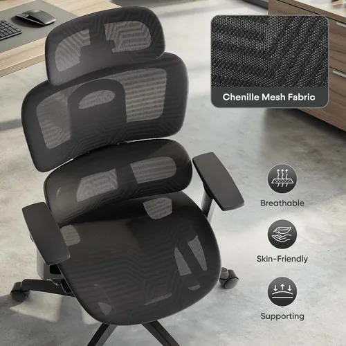 Miniatura 9 de Silla de oficina ergonómica, silla de escritorio ajustable con respaldo alto y asiento ajustable, reposabrazos 3D, bloqueo de inclinación reclinable