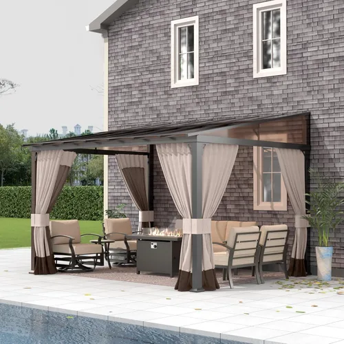 Gotland Gazebo de 10 pies x 12 pies inclinado a la glorieta, gazebo 3 en 1 para exteriores con techo inclinado, kiosco montado en la pared con