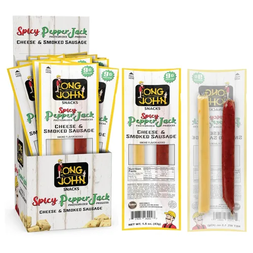 Long John Snacks Palitos de carne y queso, salchicha ahumada picante y palito de queso picante real de Wisconsin, bocadillos altos en proteínas