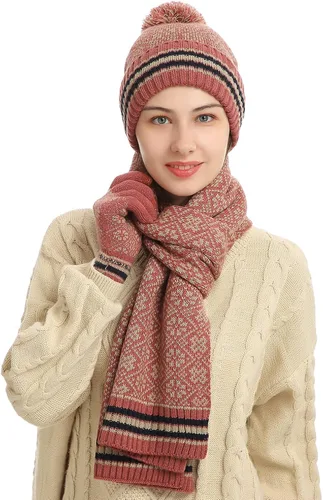 Miniatura 2 de ecodudo Juego de guantes con estampado de copo de nieve y bufanda para pantalla táctil con pompón para mujer
