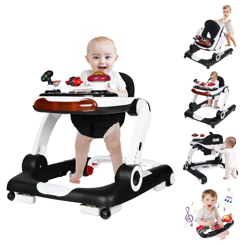 Kinder King Andador para bebés con música y luces, 5 en 1 caminante de actividad para bebés con rueda, altura y asiento ajustables, asiento de Negro