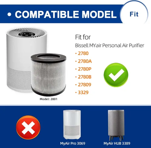 Miniatura 2 de Filtro de repuesto 2801 compatible con purificador de aire personal Bissell MYair 2780 2780A 2780B 2780P y 27809 - Comparar con My Air Part 2801