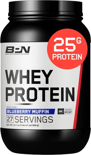 BARE PERFORMANCE NUTRITION, Mezcla de proteína en polvo BPN de suero y caseína, sabor a muffin de arándano, 25g de proteína por porción, apoya la