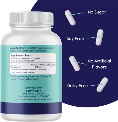 Miniatura 3 de BESTVITE Benfotiamina 300 mg (240 cápsulas vegetarianas) sin estearatos - sin dióxido de silicio - vegano - sin OMG - Sin gluten