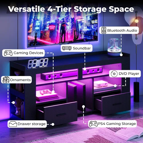Miniatura 4 de IRONCK Soporte de TV para TV de 65 pulgadas, centro de entretenimiento de fibra de carbono con 2 cajones, estación de carga y luz LED RGB, consola