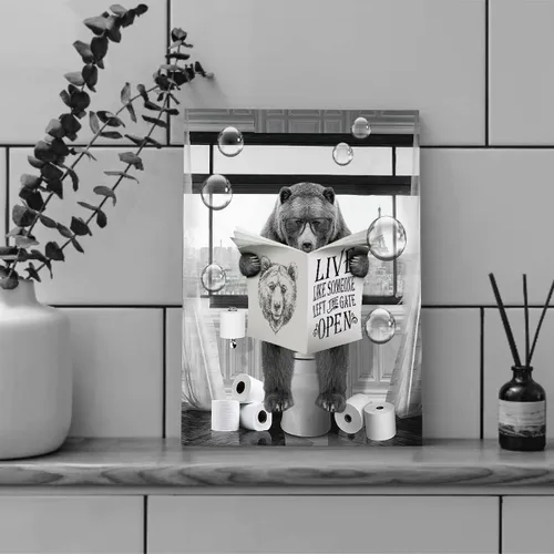 Miniatura 6 de Lienzo decorativo de osos divertidos para pared, cuadros en blanco y negro, decoración de pared de baño, oso sentado en el inodoro, lectura