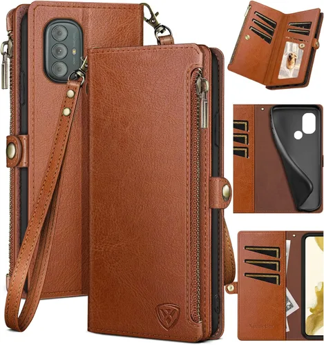 XcaseBar Funda tipo cartera para Moto G Power 2022 5G con cremallera y tarjetero de crédito con bloqueo RFID, funda de piel sintética con tapa para