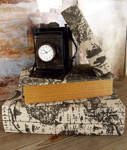 Miniatura 2 de Deco 79 Caja decorativa de madera con forma de libro de imitación con cubierta de mapa del mundo, juego de 3 cajas decorativas de recuerdo de 14
