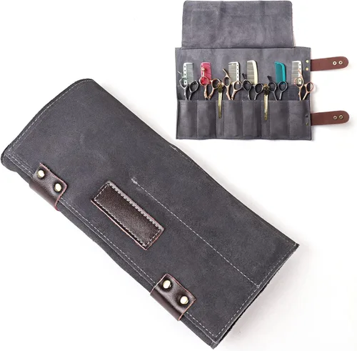 Miniatura 9 de Bolsa de tijeras de salón enrollable, 12 bolsillos de cuero genuino para estilista, soporte para tijeras de peluquería para peluquería Hj-ZP011-negro