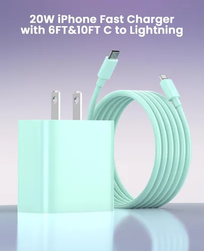 Miniatura 5 de FEEL2NICE Cargador de iPhone de carga rápida, paquete de 2 bloques de carga de pared tipo C con 2 unidades [6 pies y 10 pies] USB C a Lightning Verde