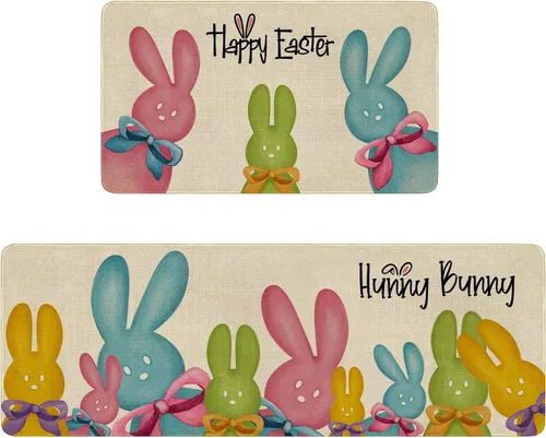 Miniatura 8 de Juego de 2 alfombras de cocina de Pascua, decoración de cocina de Pascua, huevos coloridos para piso, tapete de 17 x 30 pulgadas + alfombra
