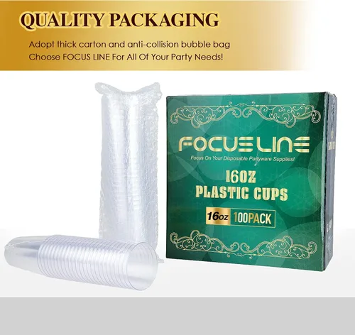 Miniatura 6 de FOCUSLINE Paquete de 100 vasos de plástico transparente de 16 onzas, vasos desechables grandes reutilizables de plástico, vasos duros transparentes