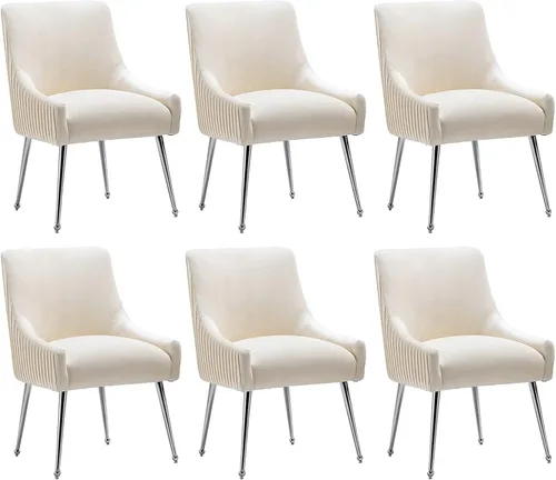 Miniatura 9 de Sillas de comedor de estilo moderno de terciopelo tapizado, silla de acento de tocador con barra vertical, silla capitonada con patas plateadas