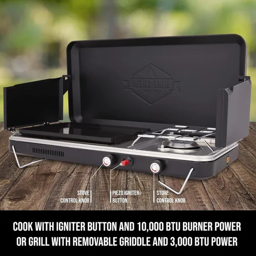 Miniatura 3 de Hike Crew Estufa y plancha de gas 2 en 1, quemador de propano portátil con encendedor integrado y bandeja de goteo de acero inoxidable Asa