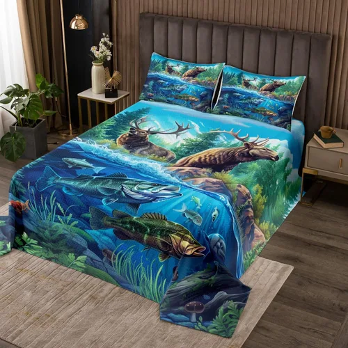 Miniatura 3 de Juego de sábanas bajeras de alce salvaje, tamaño individual, juego de ropa de cama rústica de pino de pesca con peces de Basa, decoración