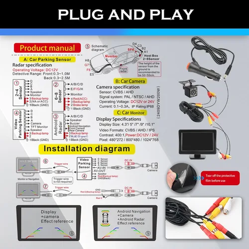 Miniatura 6 de Cámara de respaldo de 12 LED con monitor de 4.6 x 3.5 pulgadas, HD 150° gran angular para automóvil, con función de visión nocturna, cámaras