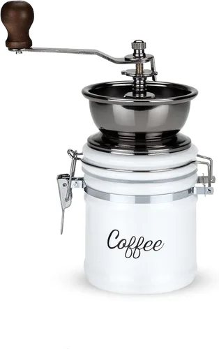 Twine Molinillo de café vintage de mano, diseño manual ajustable con mango de madera y tarro de cerámica blanca, juego de 1