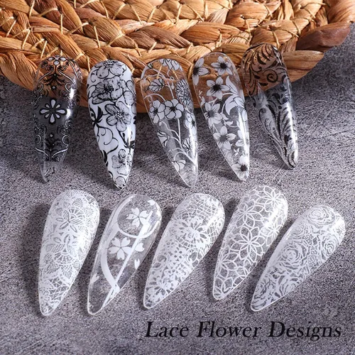 Miniatura 6 de 10 rollos de calcomanías de transferencia de papel de uñas de flores blancas y negras con patrón de flores de encaje pegatinas de transferencia
