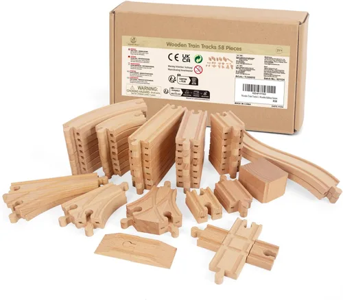Miniatura 7 de Juego de 58 pistas de tren de madera, expansión de vías y 9 piezas distintas, 100% compatible con todas las principales marcas, incluido el sistema