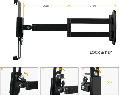 Miniatura 3 de Soporte de pared para tableta, brazo giratorio ajustable, cerradura de seguridad antirrobo y llave, plegable, rotación 360°, negro