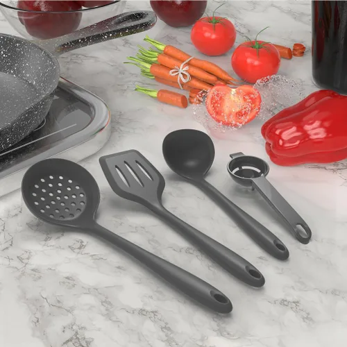 Miniatura 7 de AOTHOD Juego de utensilios de cocina de silicona, resistentes al calor de 446 °F, juegos de espátula, pinzas giratorias, cuchara, utensilios de Gris