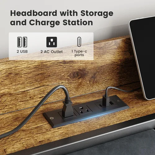 Miniatura 4 de Base de cama tamaño Queen con cabecera de madera, plataforma de metal con estación de carga USB y luces LED inteligentes, no necesita somier, fácil