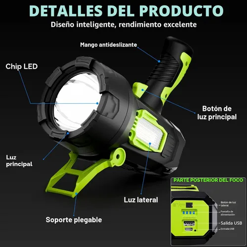 Miniatura 8 de Foco Recargable, 99,000 Lúmenes Foco LED Súper Brillante, 10000 mAh Focos de Largo Tiempo de Funcionamiento Impermeables, Foco de Mano para Verde