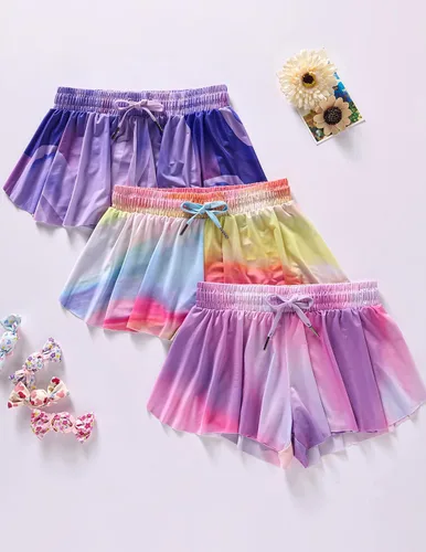 Miniatura 133 de Paquete de 3 pantalones cortos fluidos para niñas con forro de elastano, 2 en 1, faldas de mariposa para jóvenes, para fitness, correr, deportes