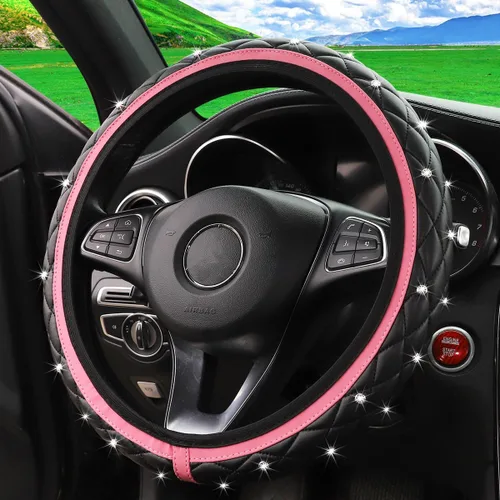 Miniatura 10 de Funda de volante de coche brillante, protector de volante elástico de cuero antideslizante, accesorios de decoración de vehículo con diamantes