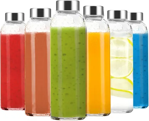 Luxfuel Botellas de vidrio transparente de 24 onzas con tapas, botellas de agua de vidrio reutilizables con tapa de acero inoxidable para jugos,