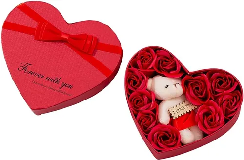 Surakey Caja de regalo de rosas románticas con bonito oso de peluche y etiqueta I Love You en forma de corazón, pétalo de cuerpo de baño perfumado