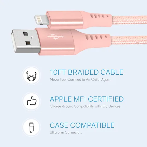 Miniatura 6 de Realm Lightning trenzado de nailon a USB A - Cargador de iPhone de Apple certificado por Mfi, 10 pies, oro rosa