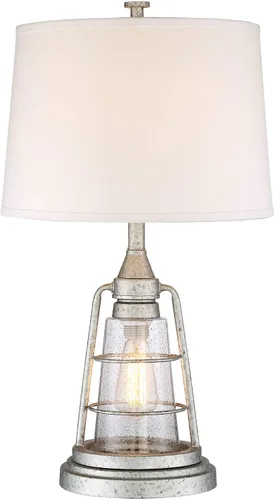 Miniatura 2 de Franklin Iron Works Hugh - Lámpara de mesa industrial rústica de 26 pulgadas de alto con luz nocturna LED, vidrio sembrado de metal, pantalla
