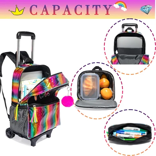 Miniatura 6 de Mochila con ruedas para niñas, mochila escolar con ruedas, bolsa escolar con bolsa de almuerzo y bolsa para lápices, mochila con ruedas para niños