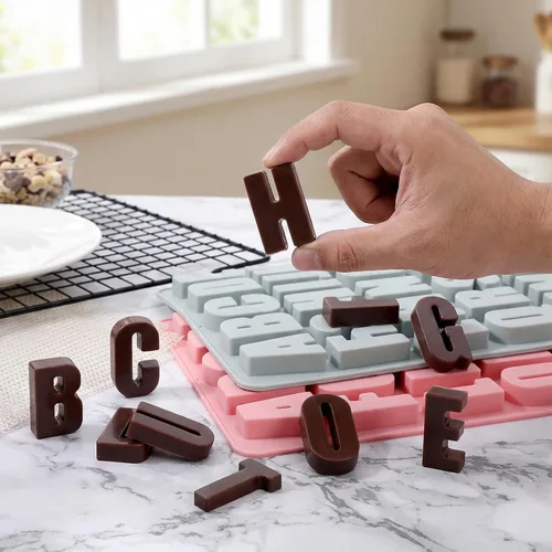 Miniatura 6 de Paquete de 2 moldes de letras para chocolate, moldes de silicona para hornear con 2 goteros, moldes de letras, moldes de silicona del alfabeto