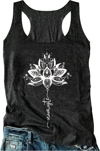 Camiseta suelta de cuello redondo, sin mangas y con espalda cruzada para mujer con estampado de mandala, estilo vintage e informal, corte clásico