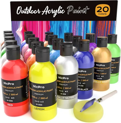 Nicpro Juego de pintura acrílica al aire libre de gran volumen de 20 colores (250 ml, 8.45 oz) Suministros de pintura artística ricos, no tóxicos
