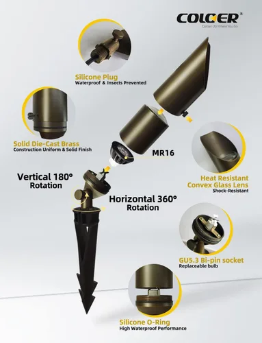 Miniatura 3 de COLOER Focos de Paisaje de Latón Fundido a Presión para Exteriores con Carcasa de Aluminio de 5W, Bombilla LED MR16 2700K 450LM, 12V AC/DC