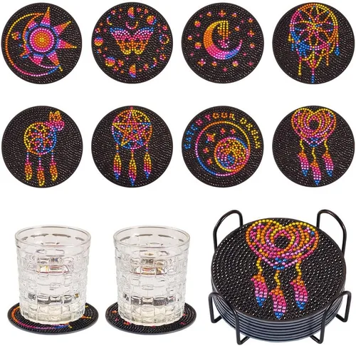 Miniatura 18 de FASHEWELRY 8 posavasos de arte de diamante con soporte para abejas, kit de posavasos de pintura de diamantes para bebidas, kits de arte de diamantes