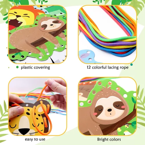 Miniatura 7 de Paquete de 12 tarjetas de encaje de animales de la selva, kits de costura para niños, león, animales salvajes, cartón, tarjetas de costura de doble
