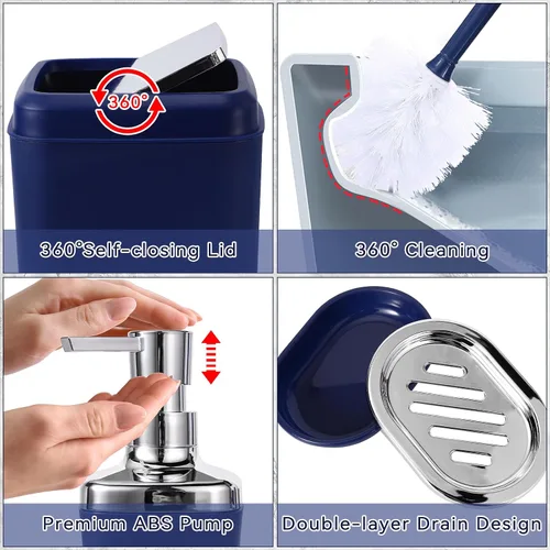 Miniatura 6 de XLHOMO - Juego de baño beige de plástico de 9 piezas, con basurero, dispensador de jabón, portacepillos de dientes, vaso, jabonera, cepillo