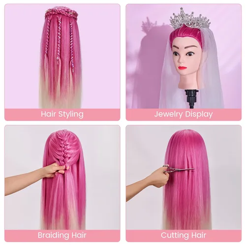 Miniatura 5 de TopDirect Cabeza de maniquí, 29 pulgadas, cabeza de maniquí de cabello, muñeca con pelo sintético, práctica de cosmetología, peinado, entrenamiento