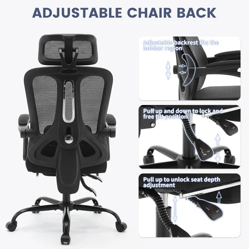 Miniatura 6 de Silla ergonómica de oficina de respaldo alto con reposapiés y reposacabezas, silla de escritorio de malla con soporte lumbar ajustable, silla