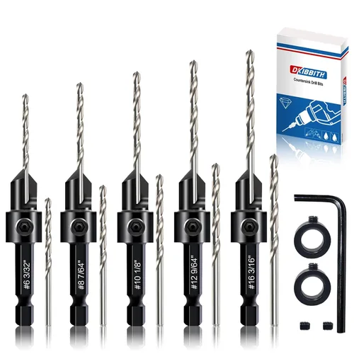 Miniatura 10 de Juego de brocas avellanadas de 5 piezas, brocas de perforación avellanada 3 en 1 para carpintería para tornillos #6 8 10 12 16, brocas piloto M2