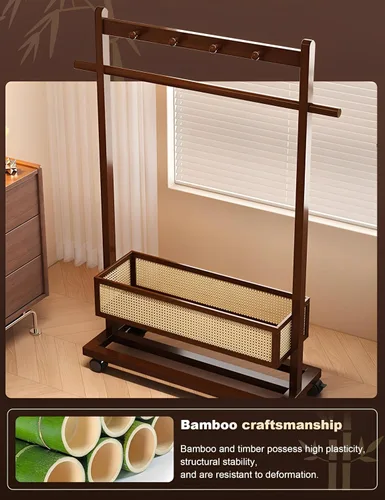 Miniatura 4 de Perchero con estantes, resistente con cesta de almacenamiento, estantes de ropa rodantes de bambú para espacios pequeños, dormitorio, entrada