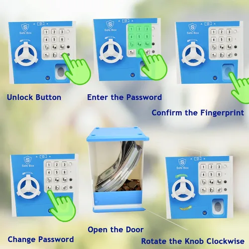 Miniatura 2 de Caja fuerte para niños con contraseña por huella dactilar, alcancía parlante, cajero automático, para dinero real, juguete de regalo para niños de 5