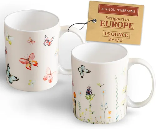 Miniatura 82 de Maison d' Hermine Taza de café con asas, tazas de porcelana fina de hueso, paquete de dos tazas de té para bebidas calientes, capuchino, latte, 015