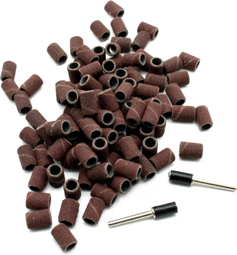 TEMO 100 piezas de tambor de arena de 1/4 de pulgada de grano 60 grueso con 2 PC 1/8 pulgadas mandril para herramientas rotativas Dremel