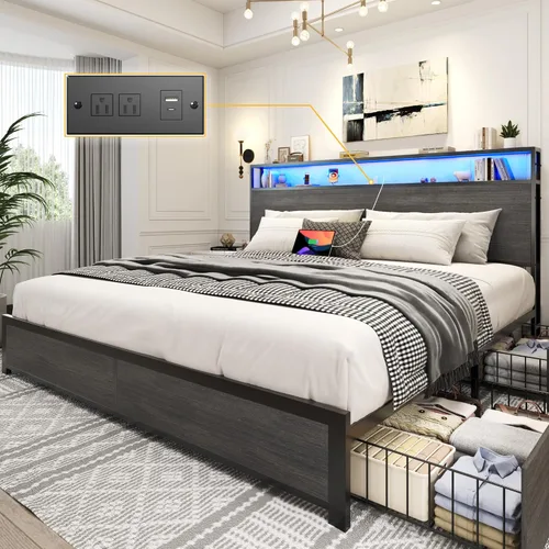 Miniatura 9 de Lifezone Estructura de Cama Full con Cabecero de Almacenamiento de 2 Niveles, Estructura de Cama de Plataforma de Metal con 4 Cajones de Marrón