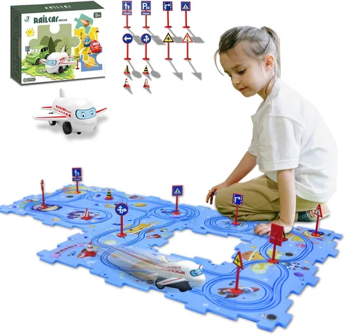 Regalo de Cumpleaños para Niño de 4 Años, Juego de Pista de Carreras de Rompecabezas, Juego de Pista de Carreras de Coches con Rompecabezas, Juego